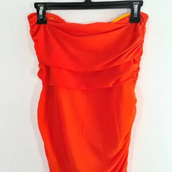 Simon Miller Mesh Jota Orange Yellow Strapless Ruched Midi Dress Size Small